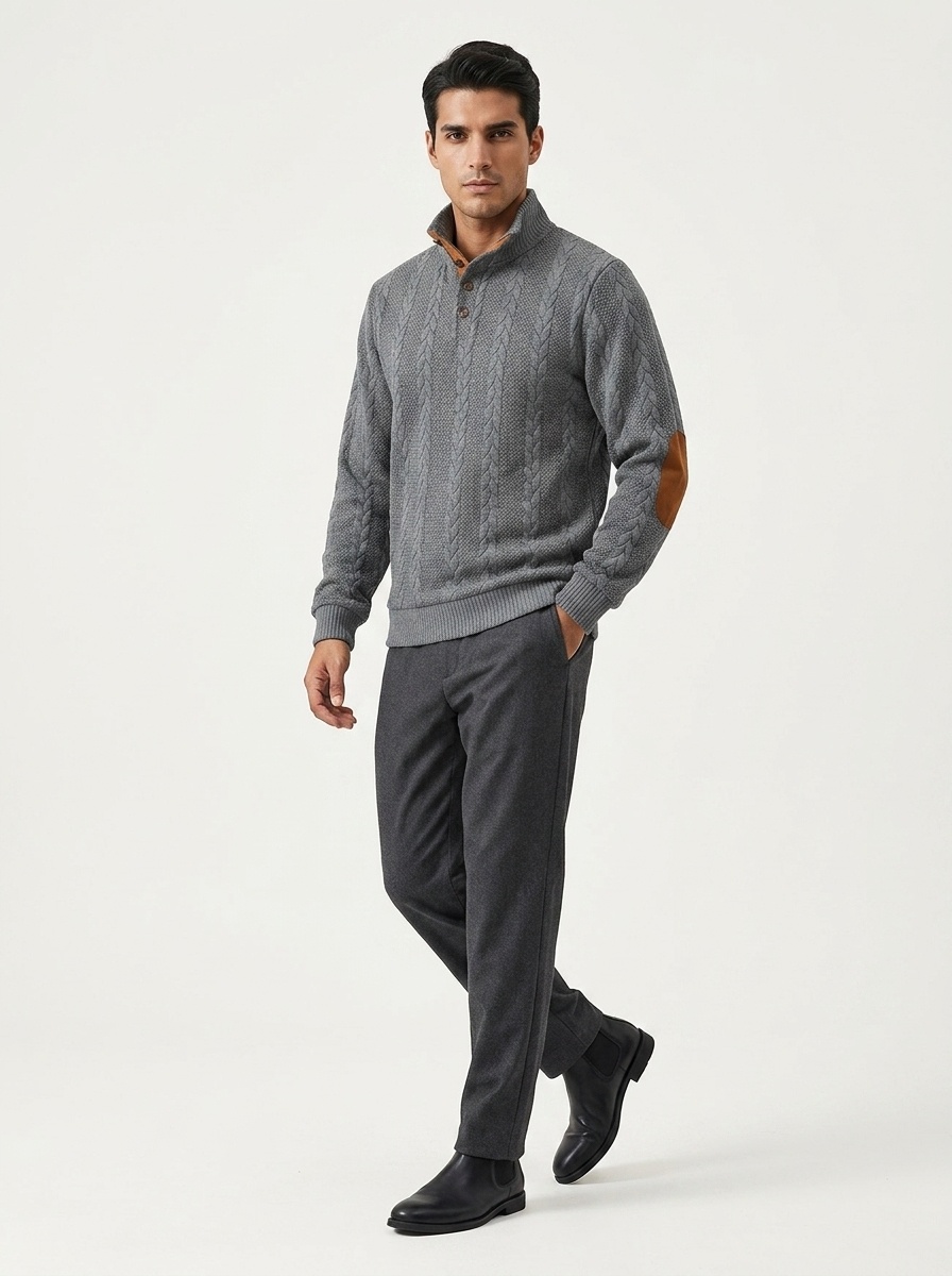 Men's Cable Knit Button Placket Mock Neck Sweater
