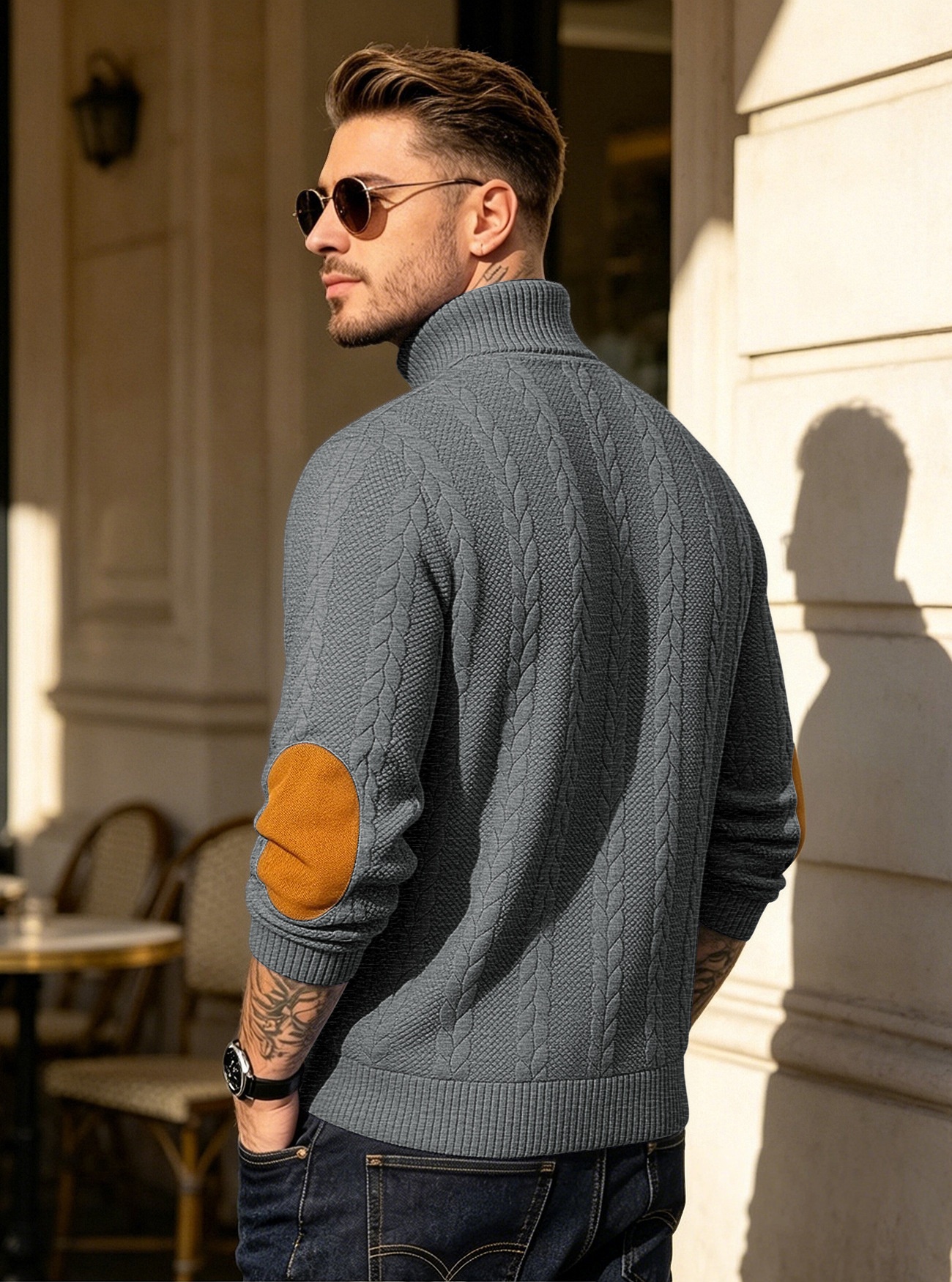 Men's Cable Knit Button Placket Mock Neck Sweater