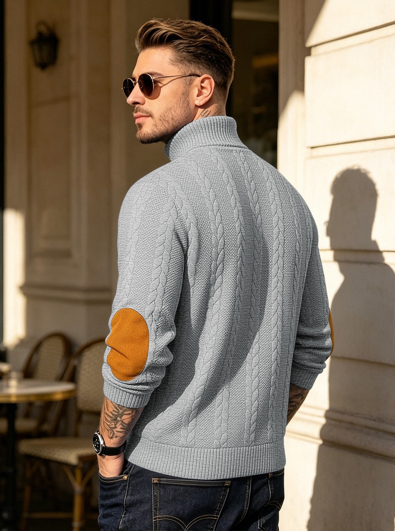 Men's Cable Knit Button Placket Mock Neck Sweater