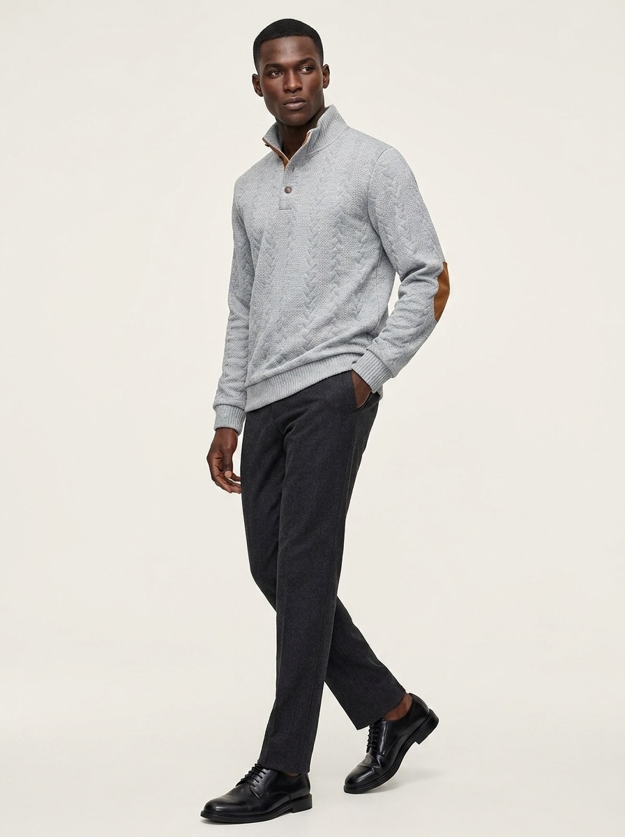 Men's Cable Knit Button Placket Mock Neck Sweater