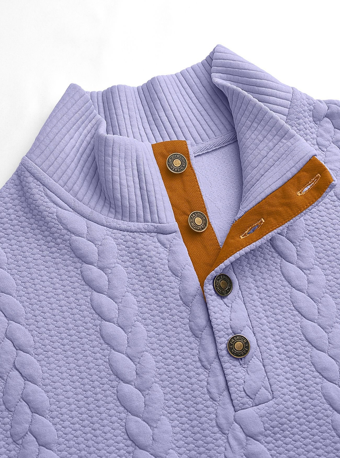 Men's Cable Knit Button Placket Mock Neck Sweater