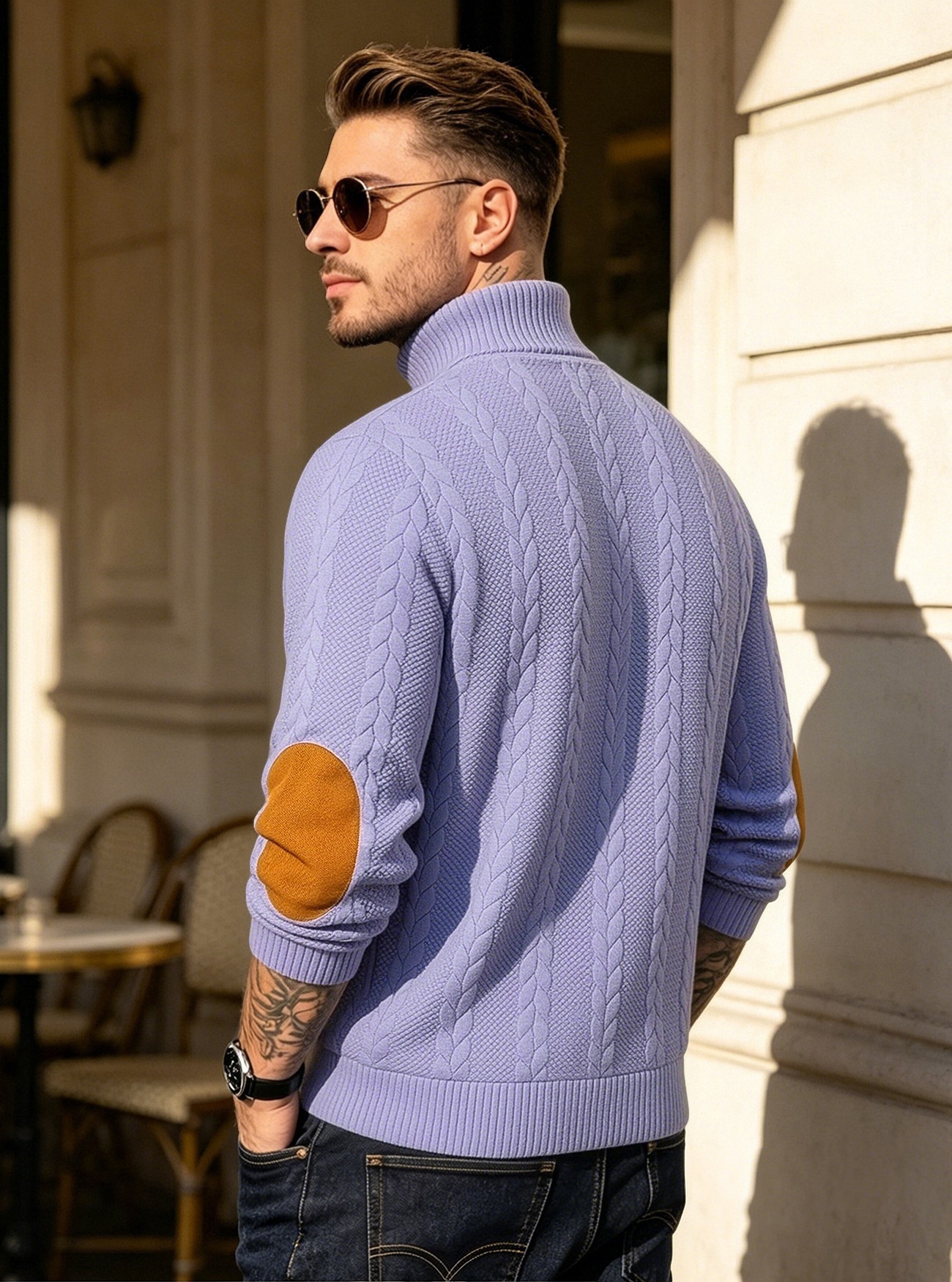 Men's Cable Knit Button Placket Mock Neck Sweater