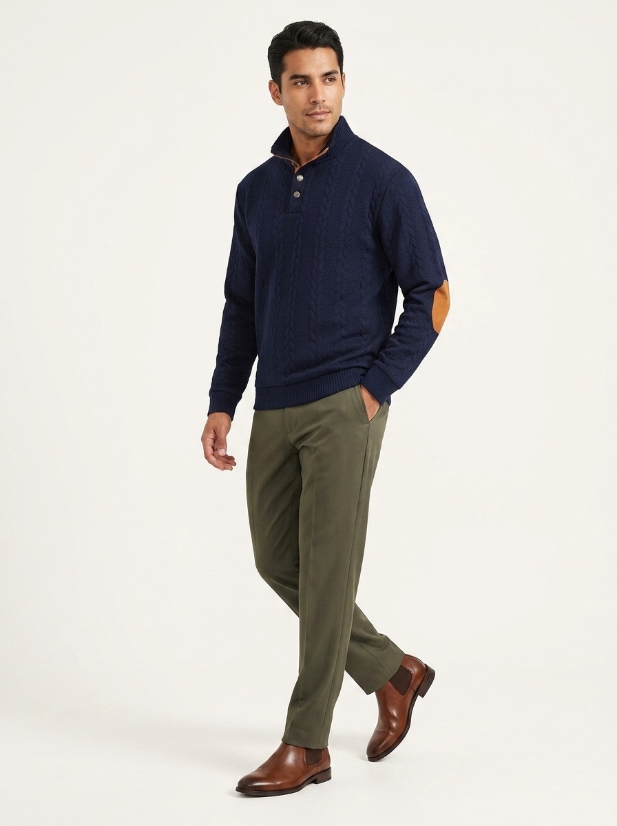 Men's Cable Knit Button Placket Mock Neck Sweater