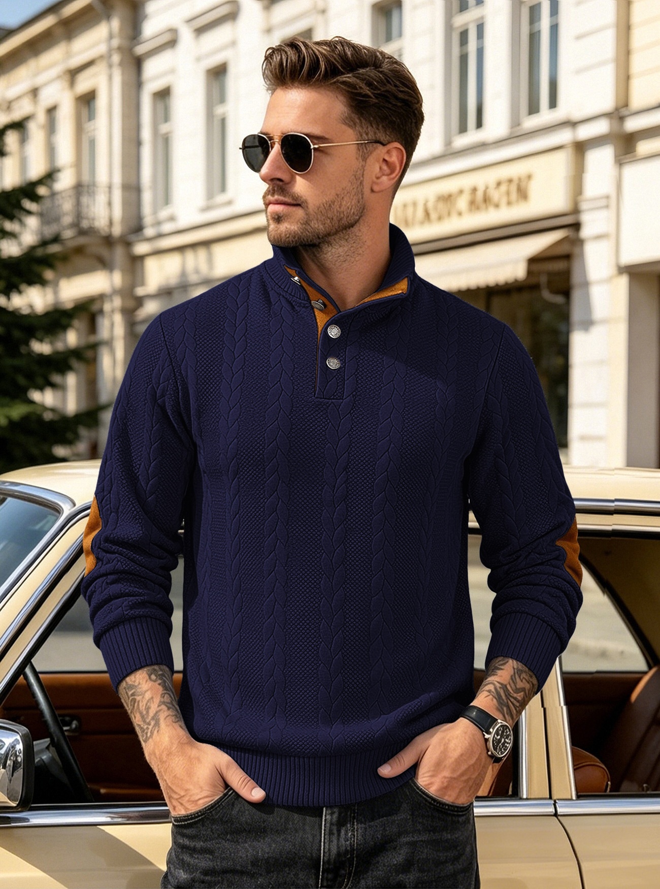 Men's Cable Knit Button Placket Mock Neck Sweater