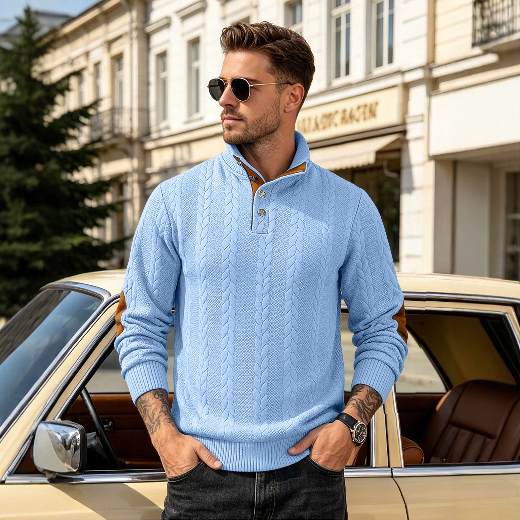 Men's Cable Knit Button Placket Mock Neck Sweater