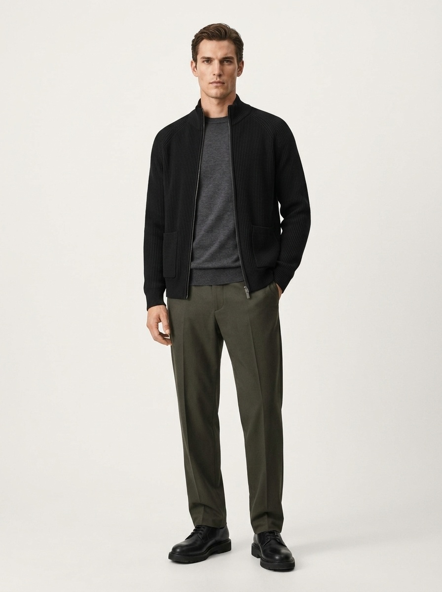 Men's Full-Zip Ribbed Knit Cardigan with Pockets