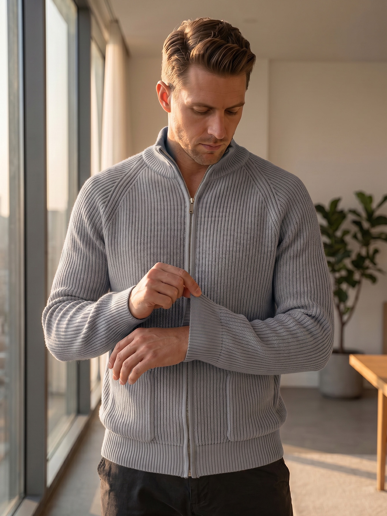Men's Full-Zip Ribbed Knit Cardigan with Pockets