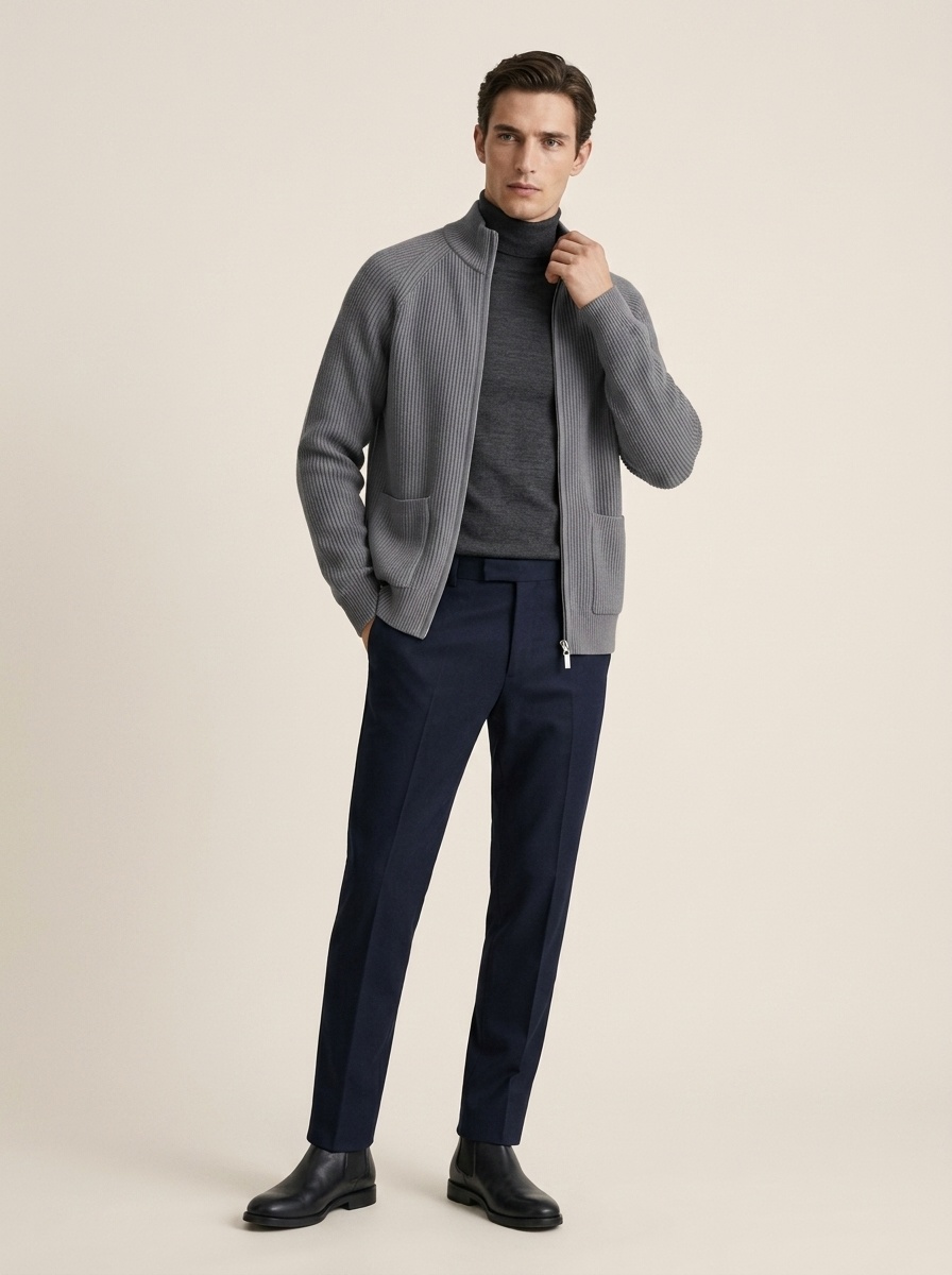 Men's Full-Zip Ribbed Knit Cardigan with Pockets