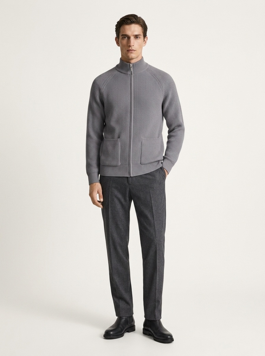 Men's Full-Zip Ribbed Knit Cardigan with Pockets