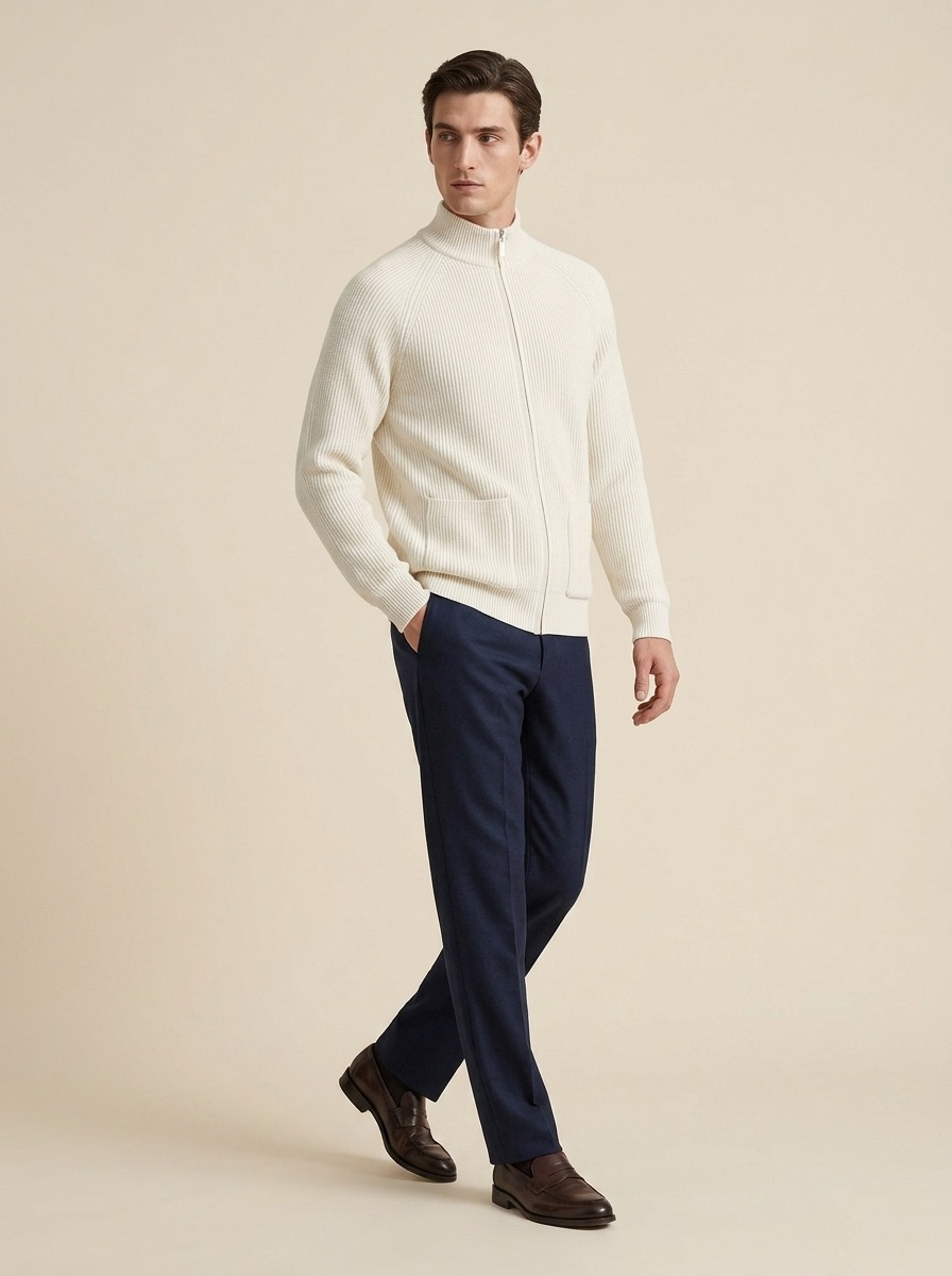 Men's Full-Zip Ribbed Knit Cardigan with Pockets