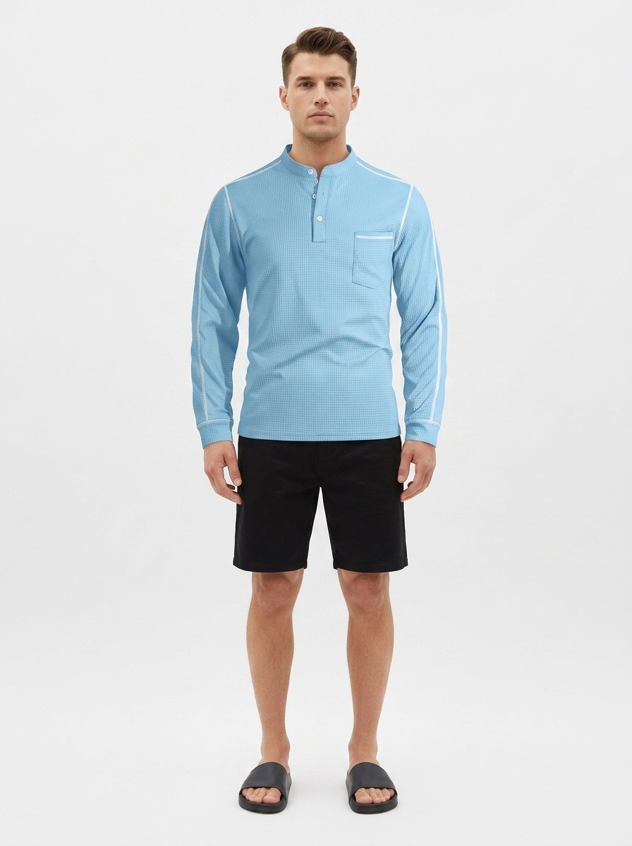 Men's Waffle Knit Henley Shirt Long Sleeve Casual Top