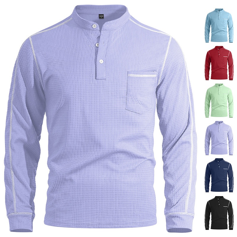 Men's Waffle Knit Henley Shirt Long Sleeve Casual Top
