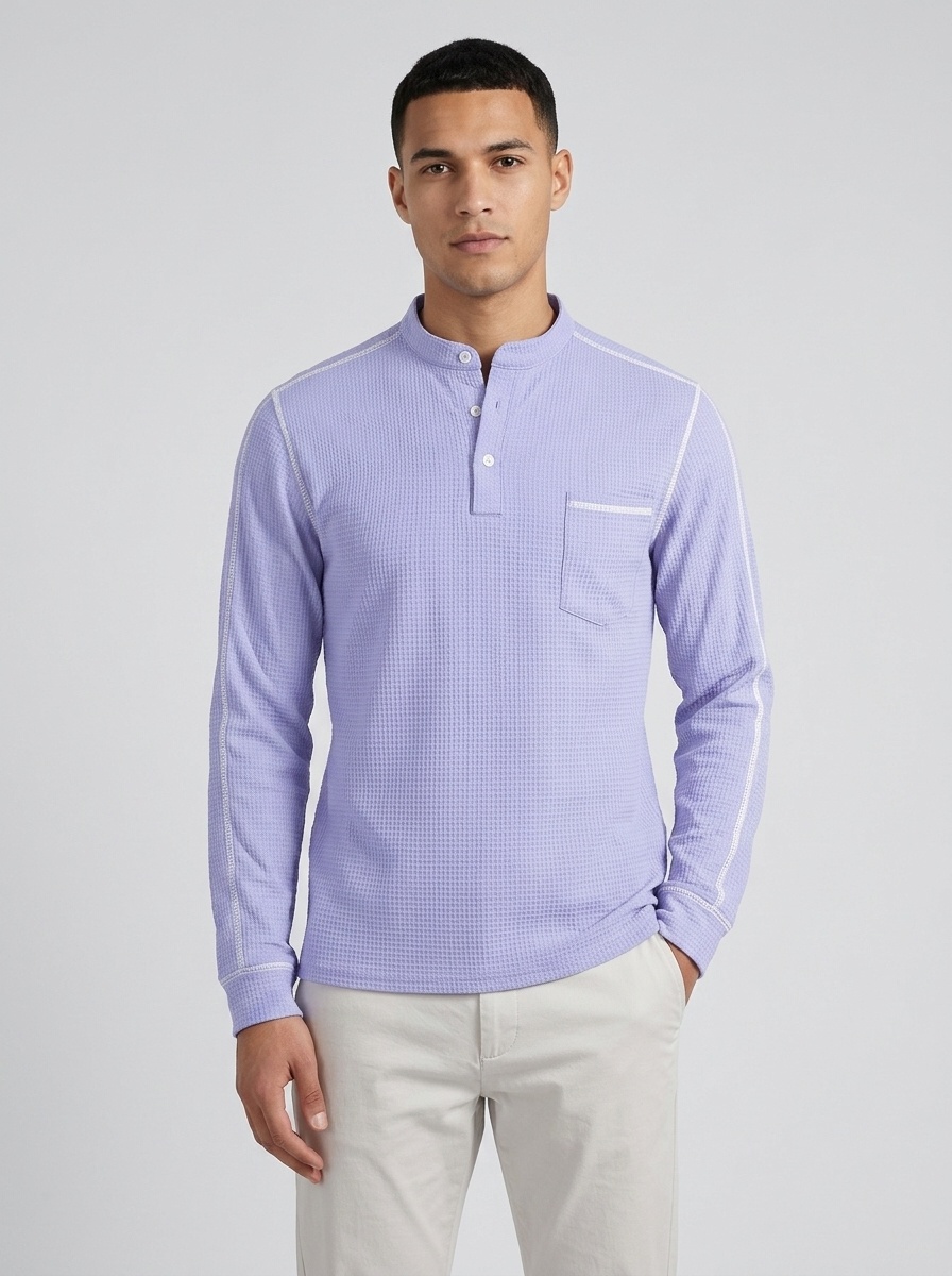 Men's Waffle Knit Henley Shirt Long Sleeve Casual Top