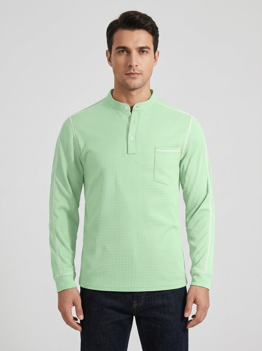 Men's Waffle Knit Henley Shirt Long Sleeve Casual Top