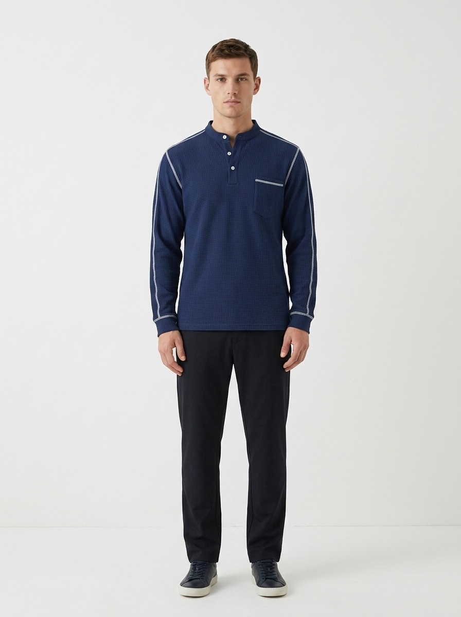 Men's Waffle Knit Henley Shirt Long Sleeve Casual Top