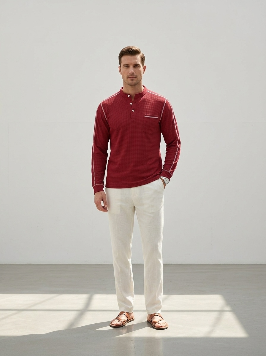 Men's Waffle Knit Henley Shirt Long Sleeve Casual Top