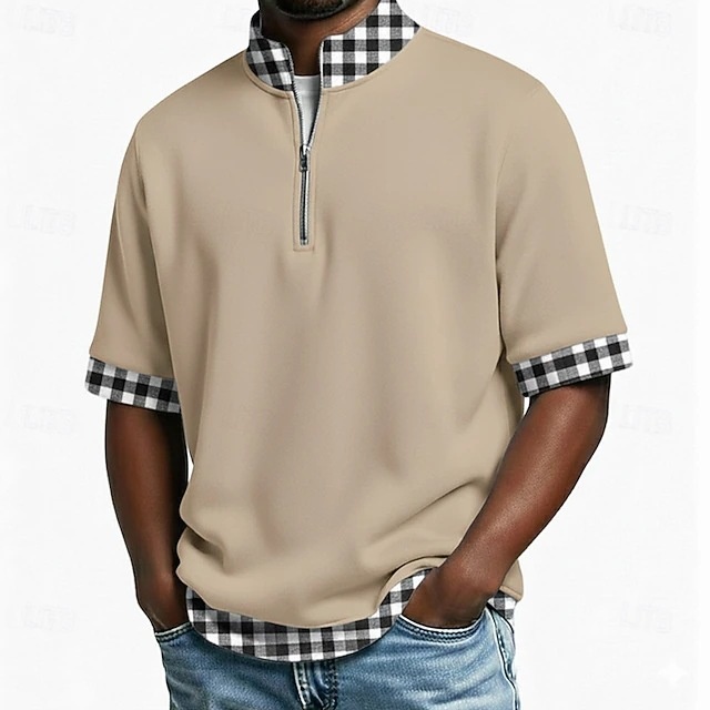 Men's Plaid Trim Quarter-Zip Polo Shirt
