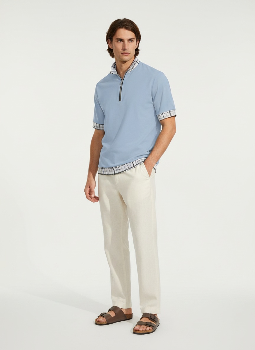 Men's Plaid Trim Quarter-Zip Polo Shirt