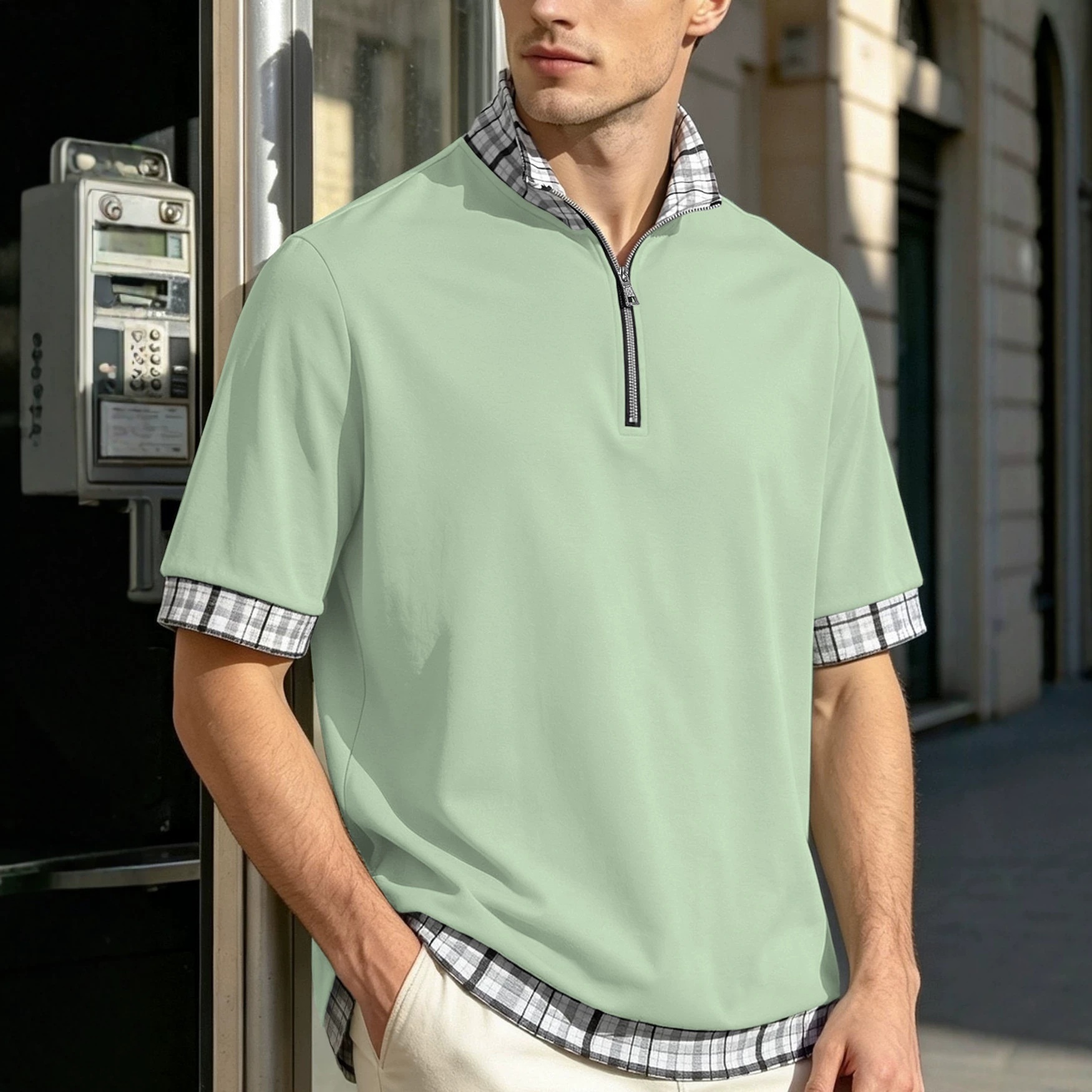 Men's Plaid Trim Quarter-Zip Polo Shirt