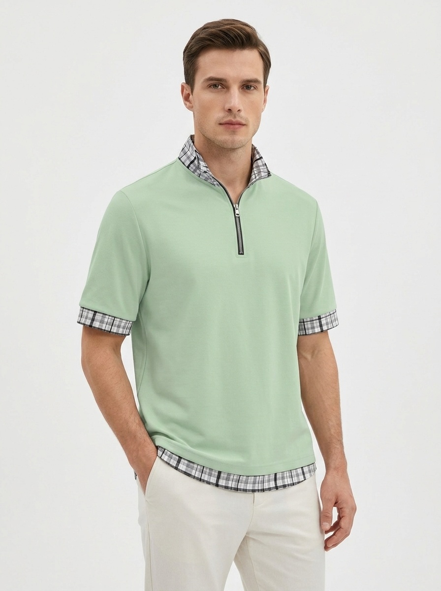 Men's Plaid Trim Quarter-Zip Polo Shirt