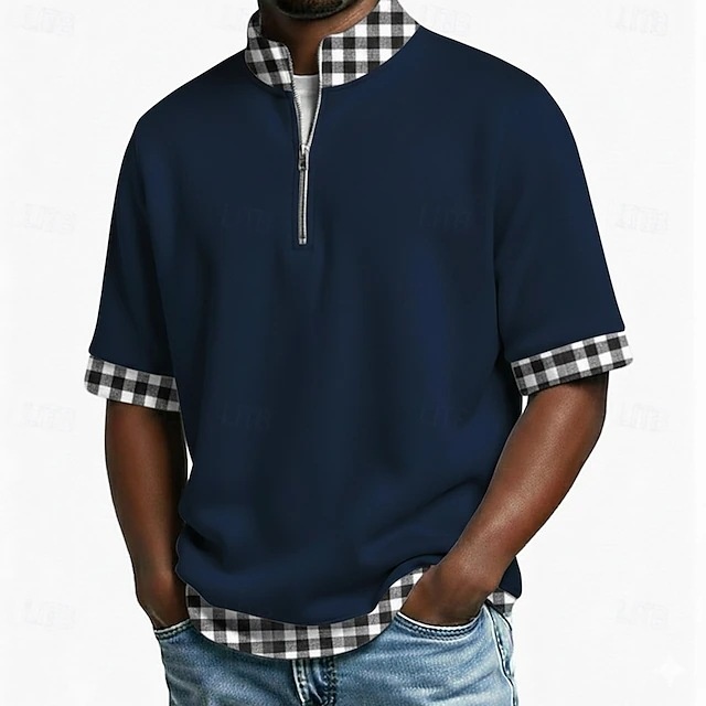 Men's Plaid Trim Quarter-Zip Polo Shirt