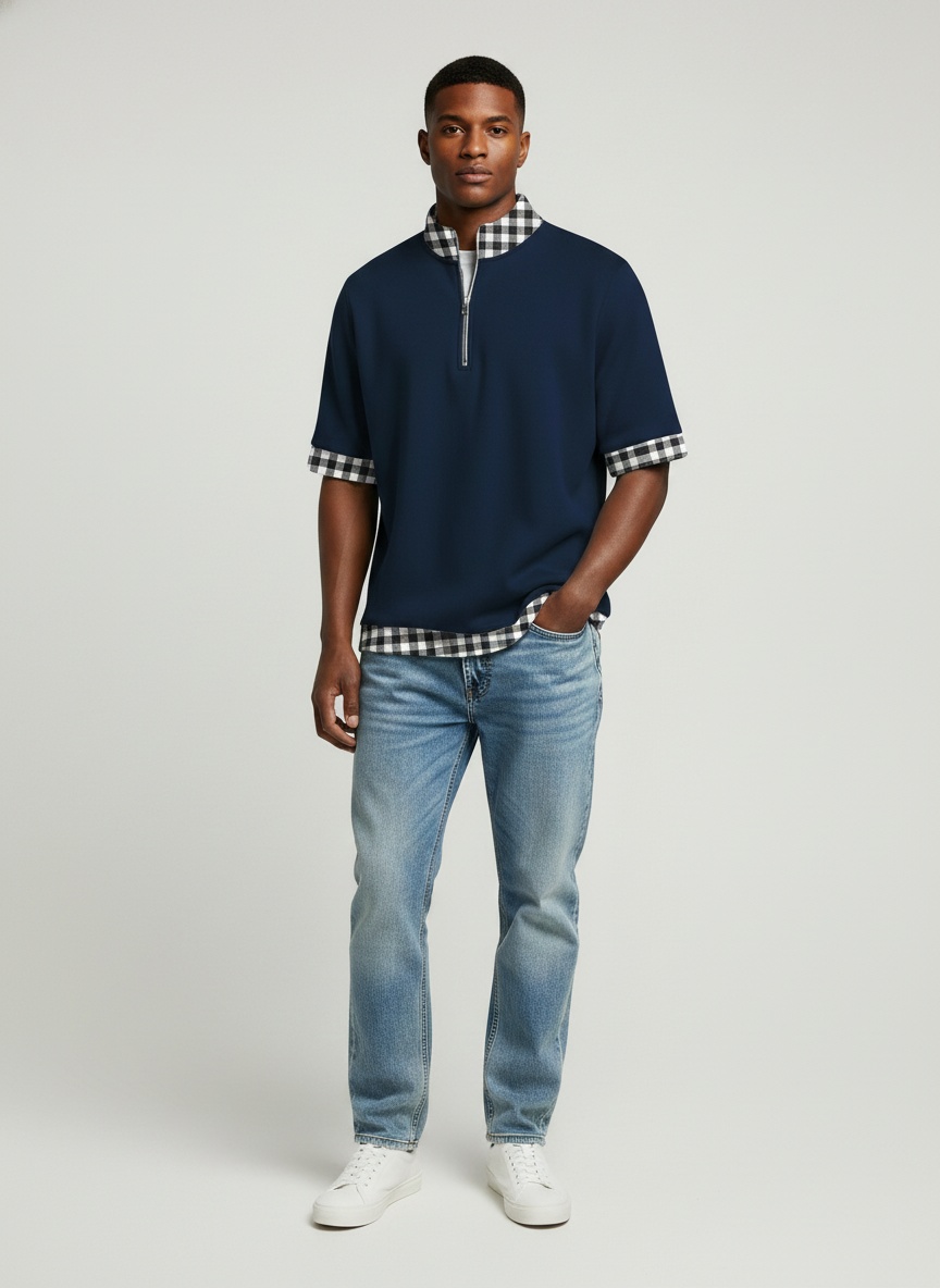 Men's Plaid Trim Quarter-Zip Polo Shirt