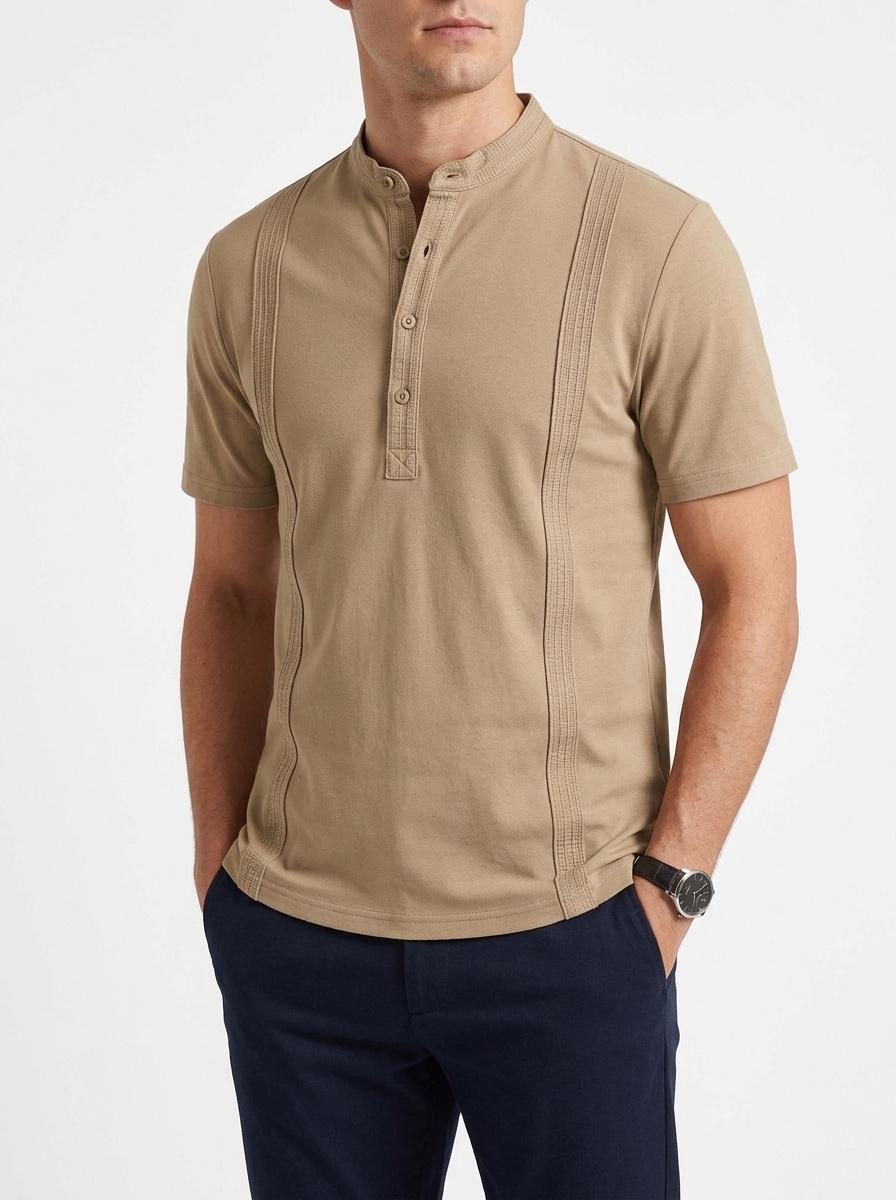 Men's Casual Short Sleeve Henley Shirt with Band Collar