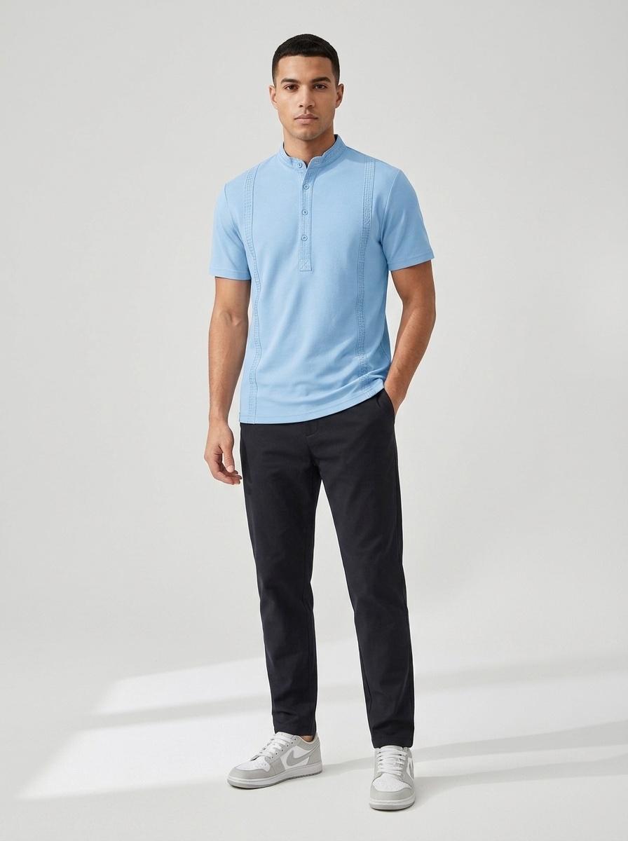 Men's Casual Short Sleeve Henley Shirt with Band Collar