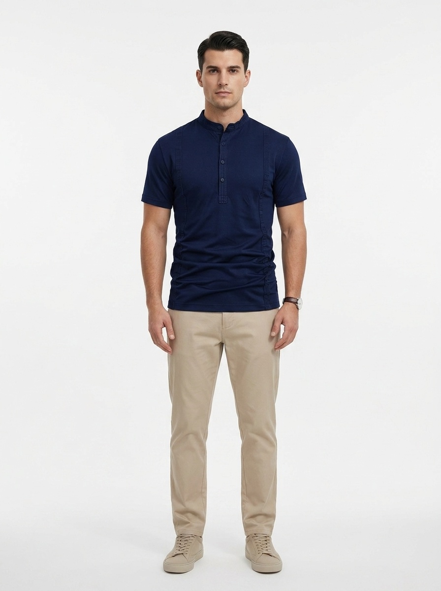 Men's Casual Short Sleeve Henley Shirt with Band Collar