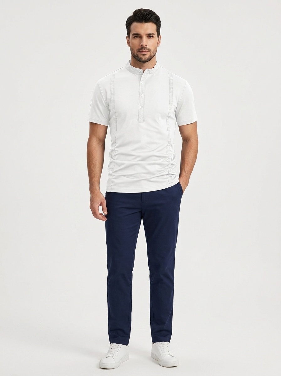 Men's Casual Short Sleeve Henley Shirt with Band Collar