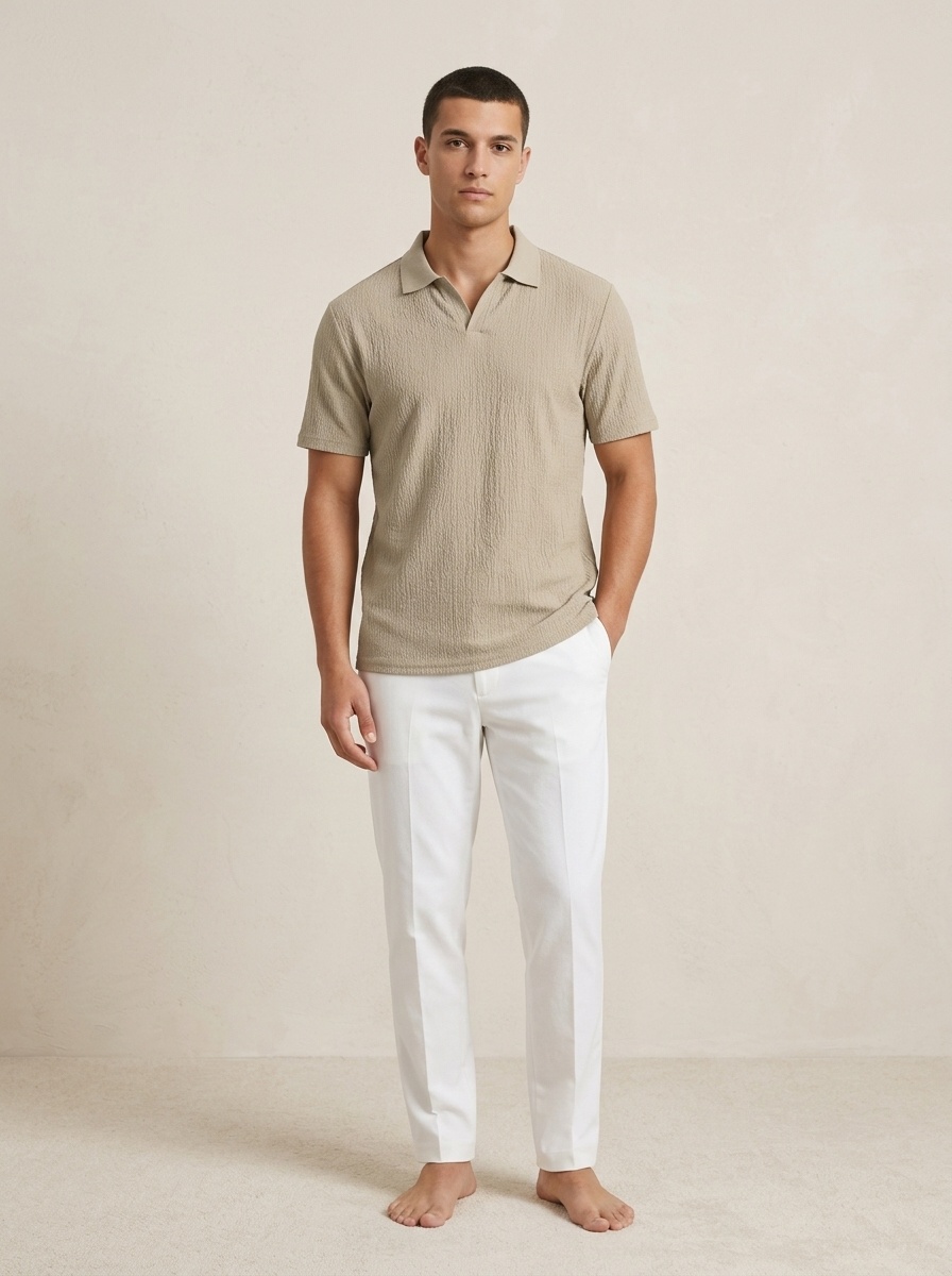 Men's Textured Casual Polo Shirt - Short Sleeve
