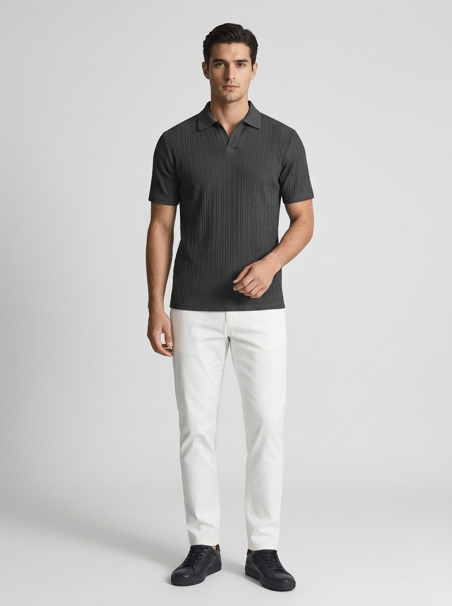 Men's Textured Casual Polo Shirt - Short Sleeve
