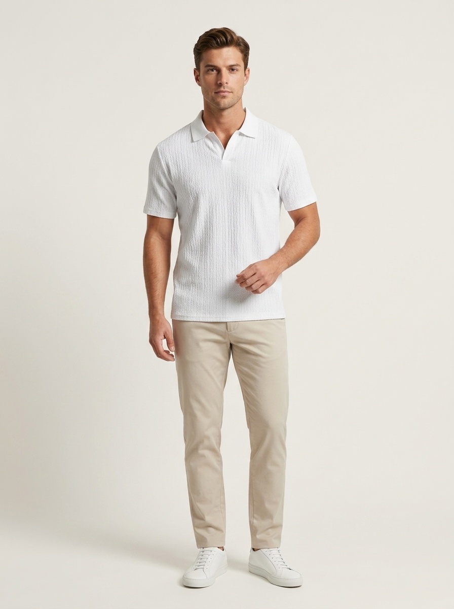 Men's Textured Casual Polo Shirt - Short Sleeve