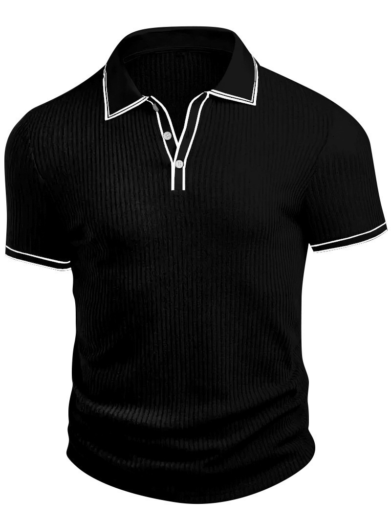 Men's Ribbed Knit Polo Shirt - Short Sleeve Casual Top
