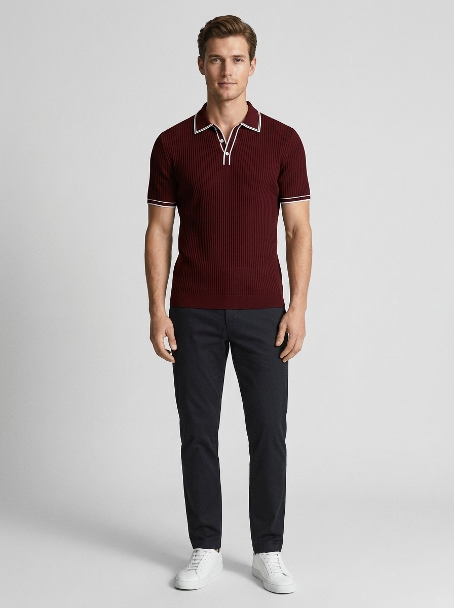 Men's Ribbed Knit Polo Shirt - Short Sleeve Casual Top