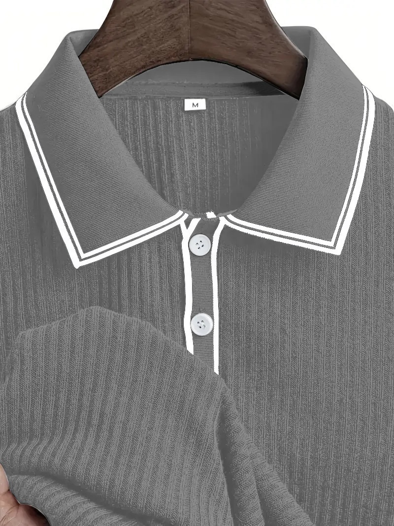 Men's Ribbed Knit Polo Shirt - Short Sleeve Casual Top