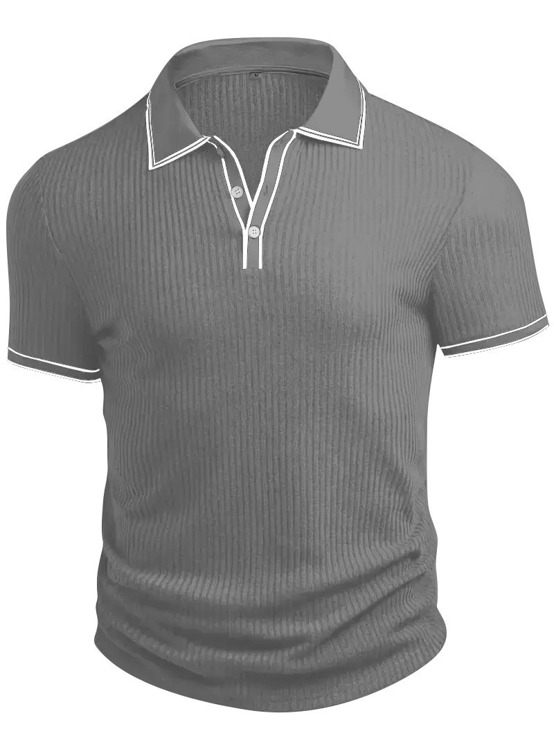 Men's Ribbed Knit Polo Shirt - Short Sleeve Casual Top