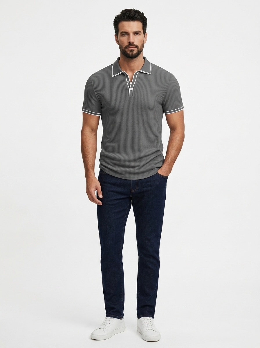 Men's Ribbed Knit Polo Shirt - Short Sleeve Casual Top