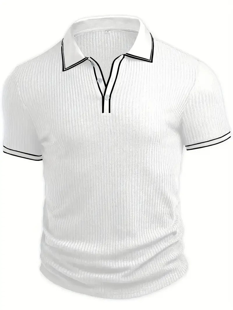 Men's Ribbed Knit Polo Shirt - Short Sleeve Casual Top
