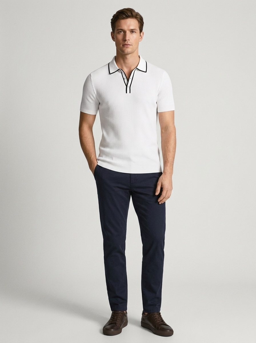 Men's Ribbed Knit Polo Shirt - Short Sleeve Casual Top
