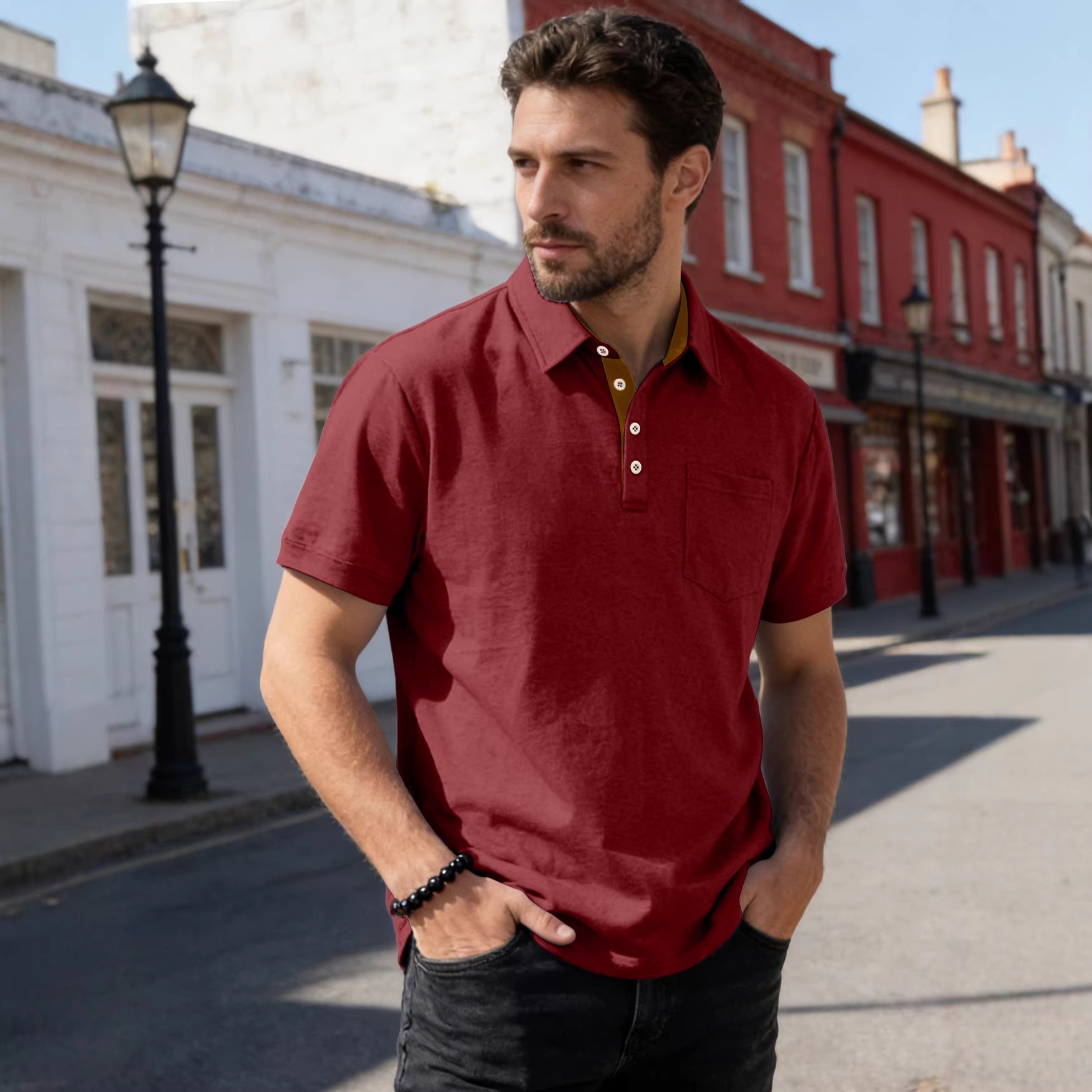 Men's Casual Short Sleeve Polo Shirt with Pocket
