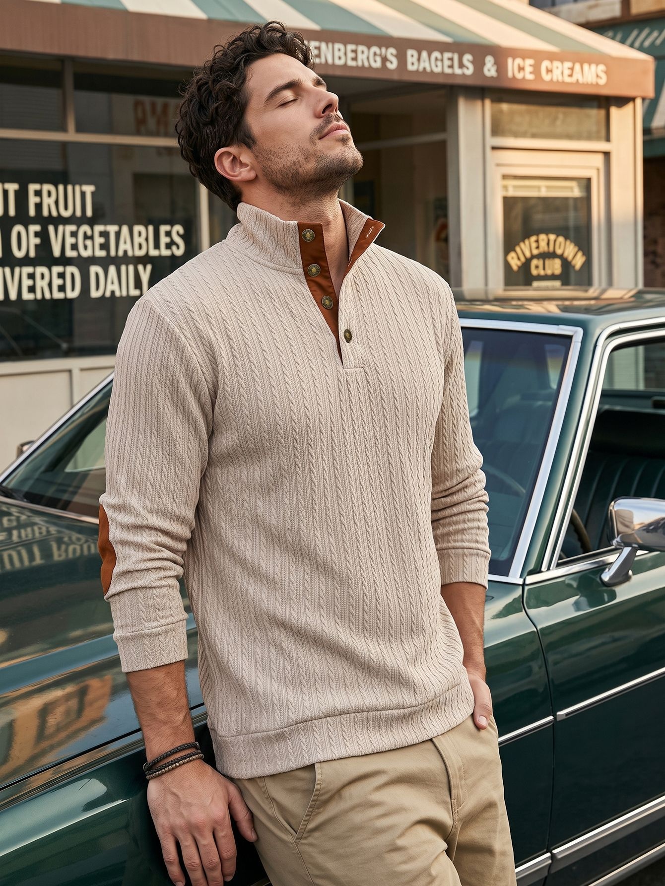 Men's Cable Knit Mock Neck Button Pullover Sweater