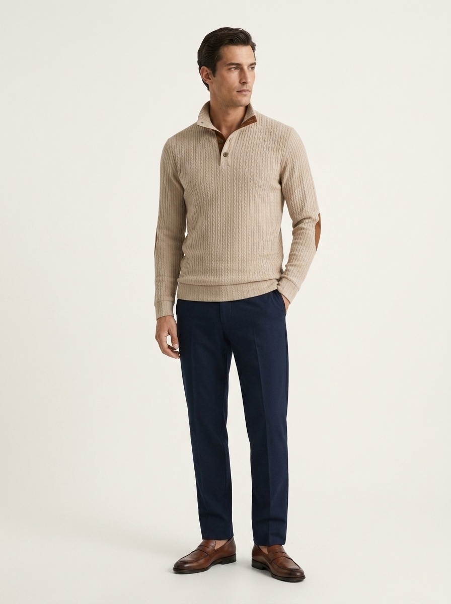 Men's Cable Knit Mock Neck Button Pullover Sweater