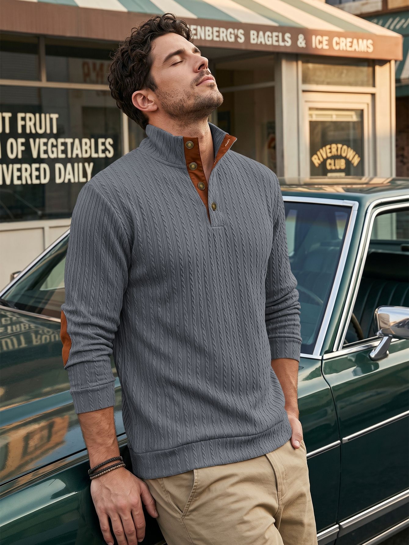 Men's Cable Knit Mock Neck Button Pullover Sweater
