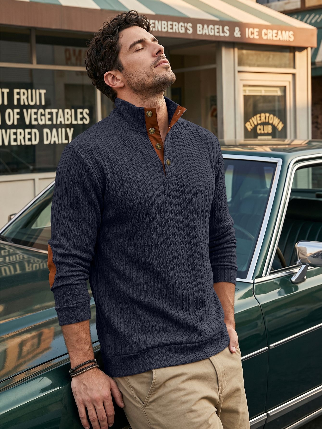 Men's Cable Knit Mock Neck Button Pullover Sweater