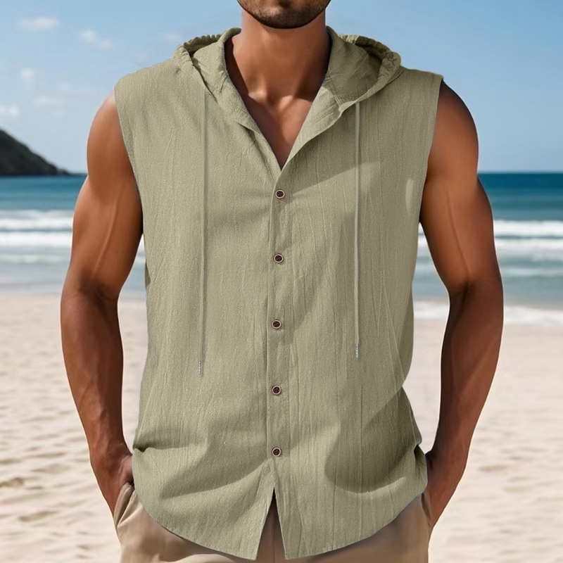 Men's Sleeveless Hooded Button Shirt - Casual Beach Top