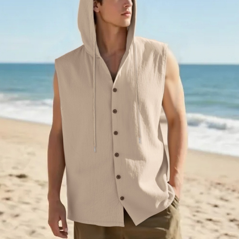 Men's Sleeveless Hooded Button Shirt - Casual Beach Top