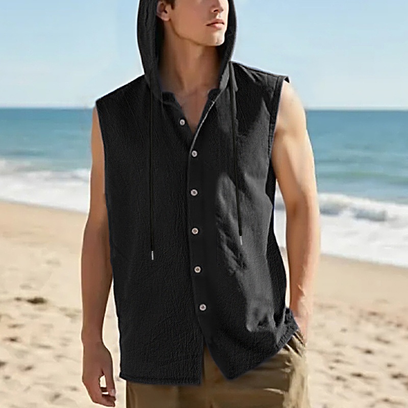 Men's Sleeveless Hooded Button Shirt - Casual Beach Top