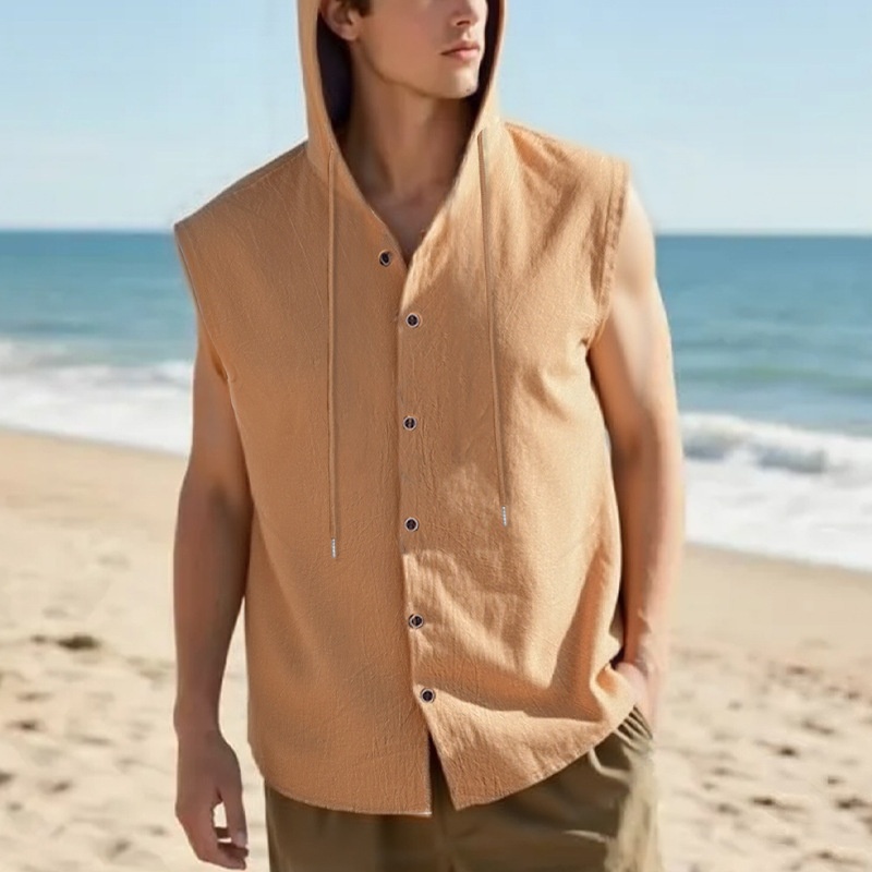 Men's Sleeveless Hooded Button Shirt - Casual Beach Top