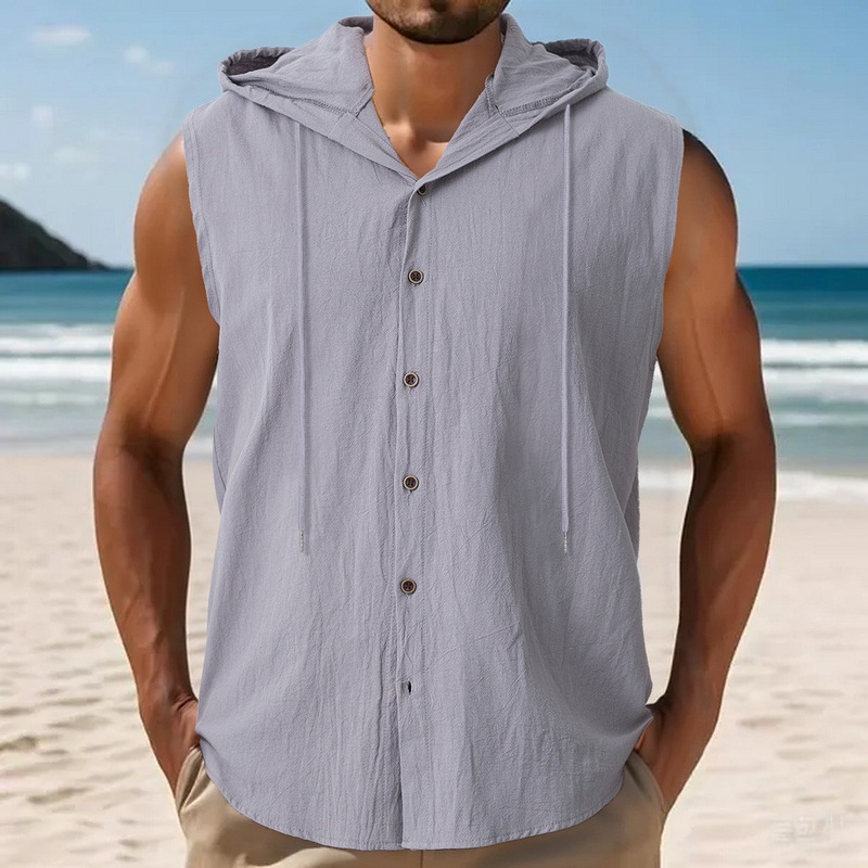 Men's Sleeveless Hooded Button Shirt - Casual Beach Top